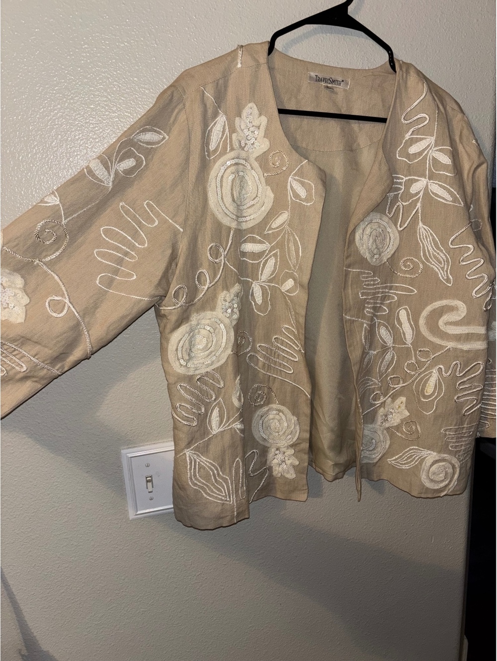 Vintage 90s TravelSmith Linen Jacket Embroidered Sequin Boho Art to Wear L
